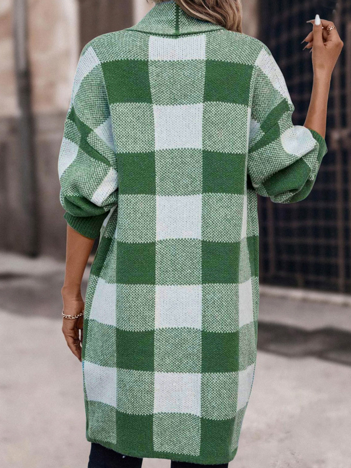 Womens Fashion Knitted Plaid Cardigan Green Plaid Sweater Coat